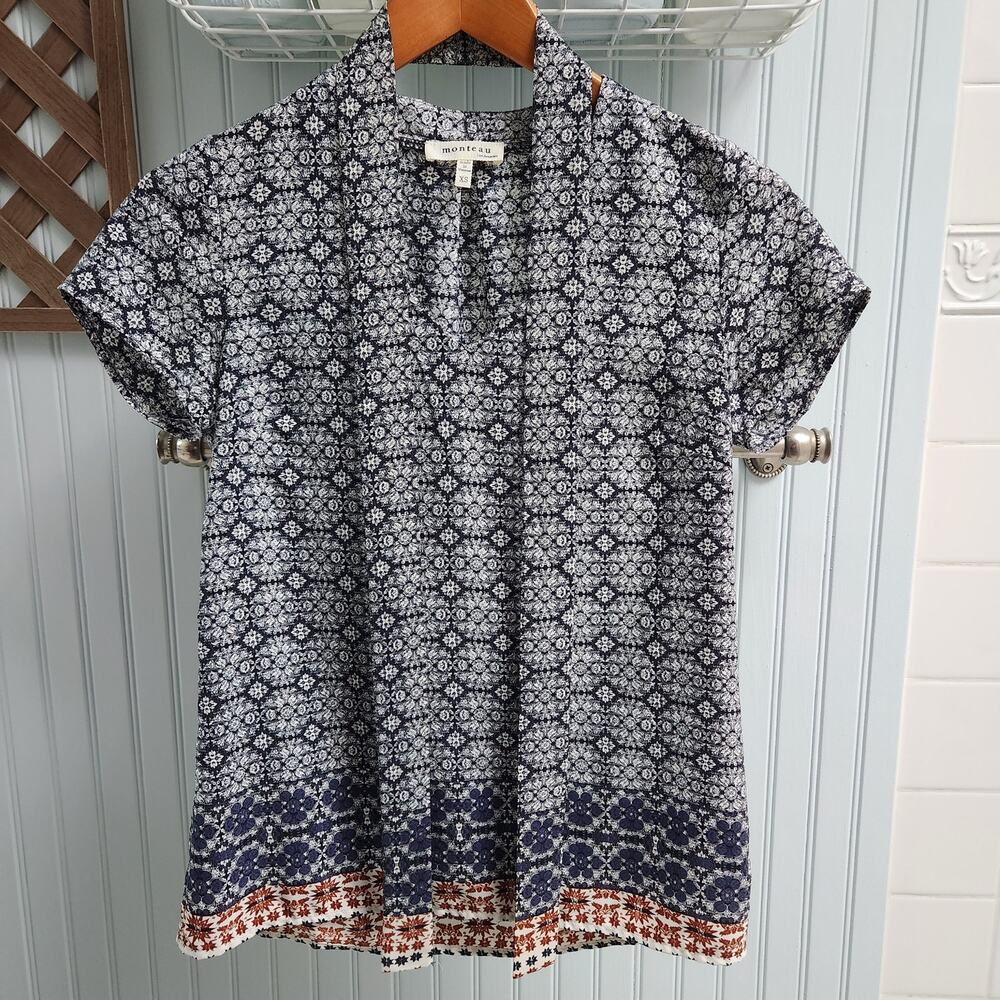 Monteau Blue Patterned Vneck Short Sleeve Blouse Top